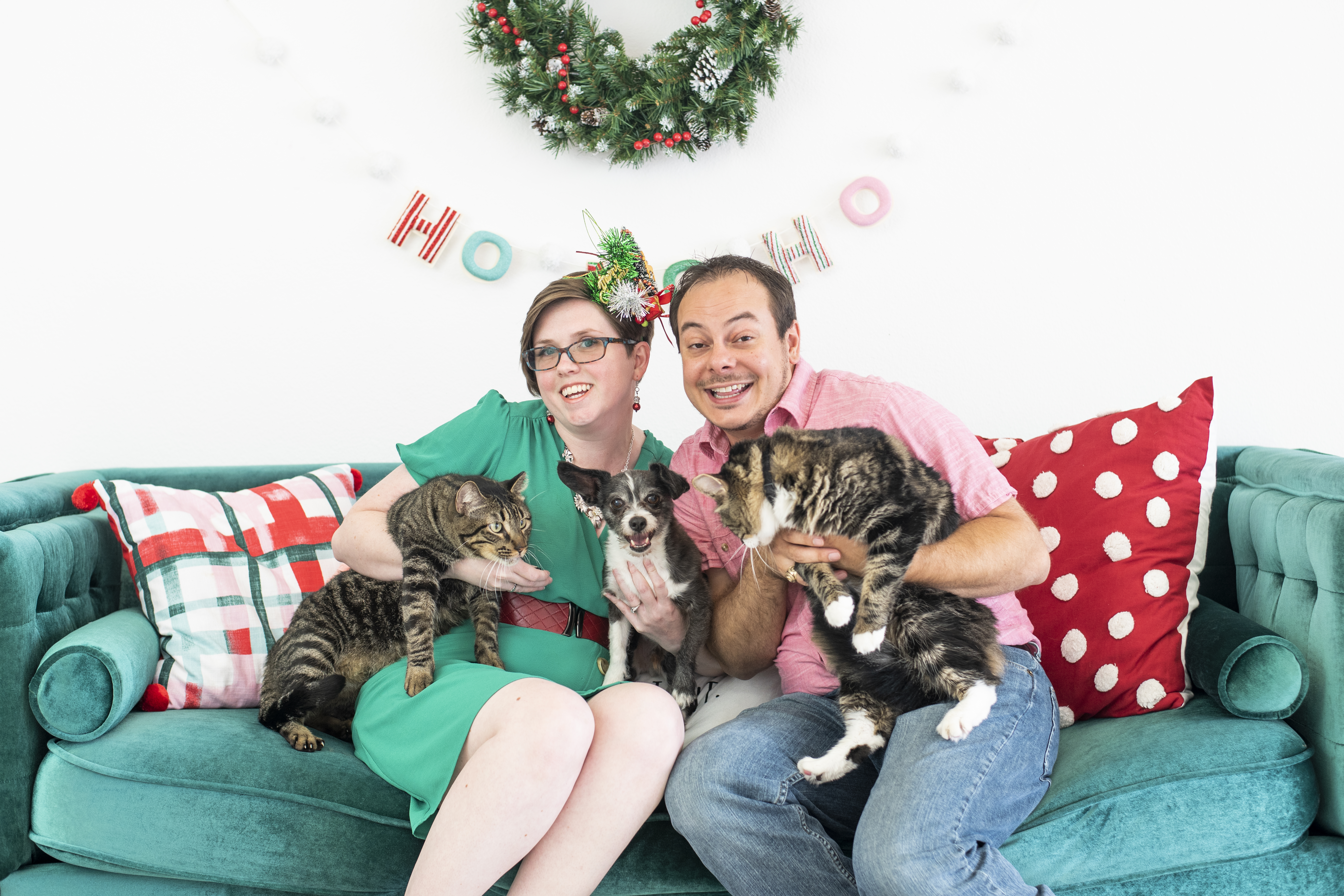 Christmas Portrait of Stephen and Courtney with pets