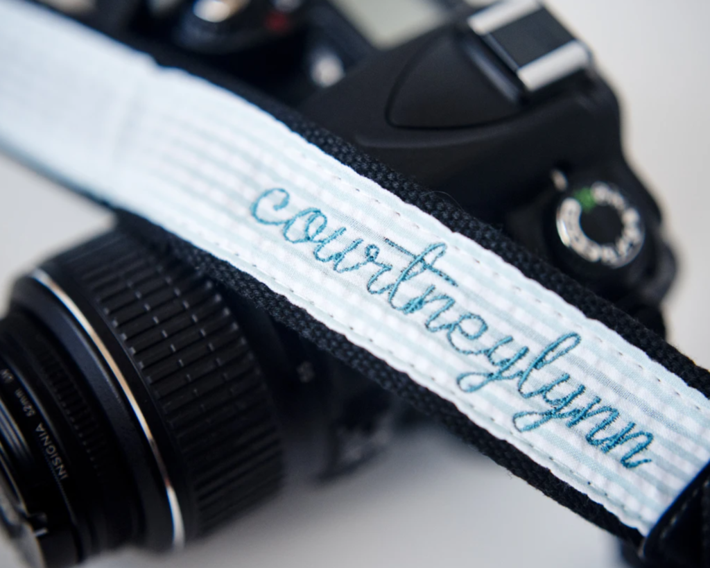 Personalized embroidered camera strap