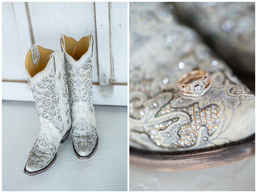 White glittery cowgirl boots with wedding ring on toe
